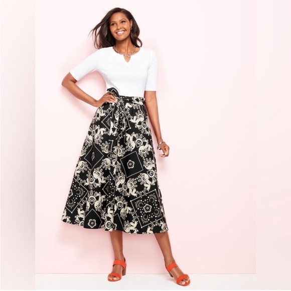Talbots Peacock ALLOVER BANDANA COTTON MIDI SKIRT Geometric w/Pockets Black 18 - Picture 3 of 8